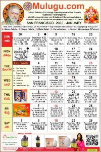 San-Francisco (USA) Telugu Calendar 2022 January with Tithi, Nakshatram, Durmuhurtham Timings, Varjyam Timings and Rahukalam (Samayam's)Timings